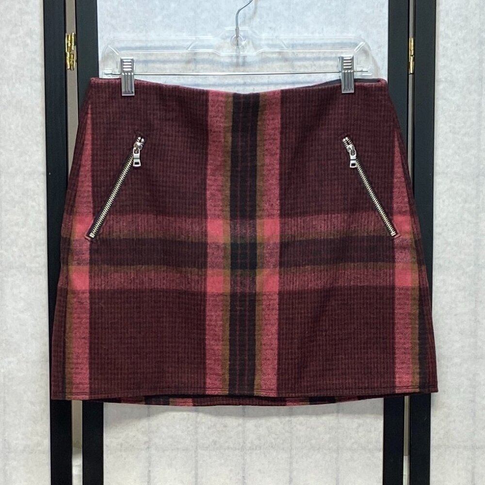 GAP Plaid Wool Blend A Line Mini Skirt Black Pink NEW 6 Exposed Zipper Pockets